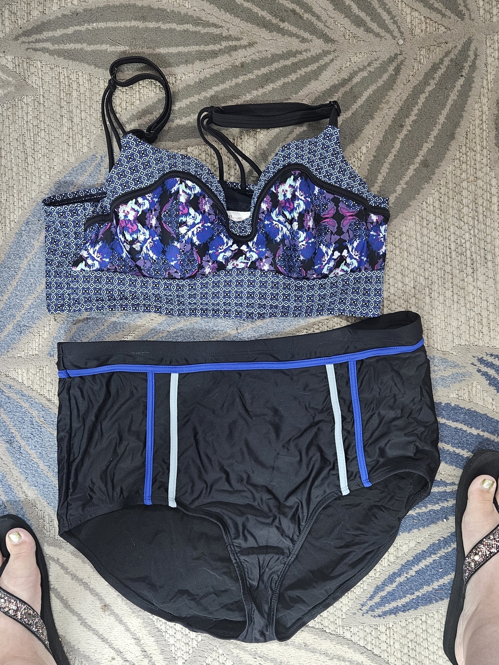 Cacique Black Bra & Swim-Style Bottoms with Blue and Purple Floral